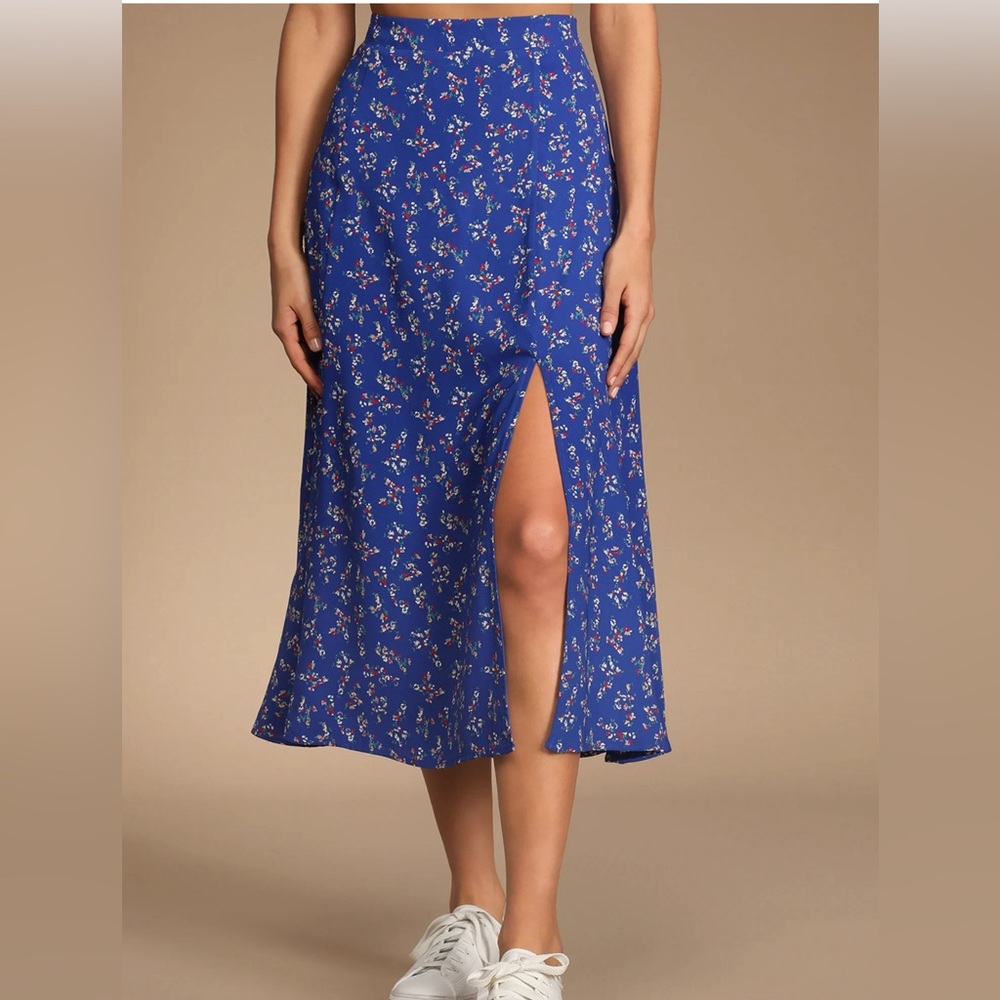Bliss Me Cobalt Blue Floral Print Midi Skirt